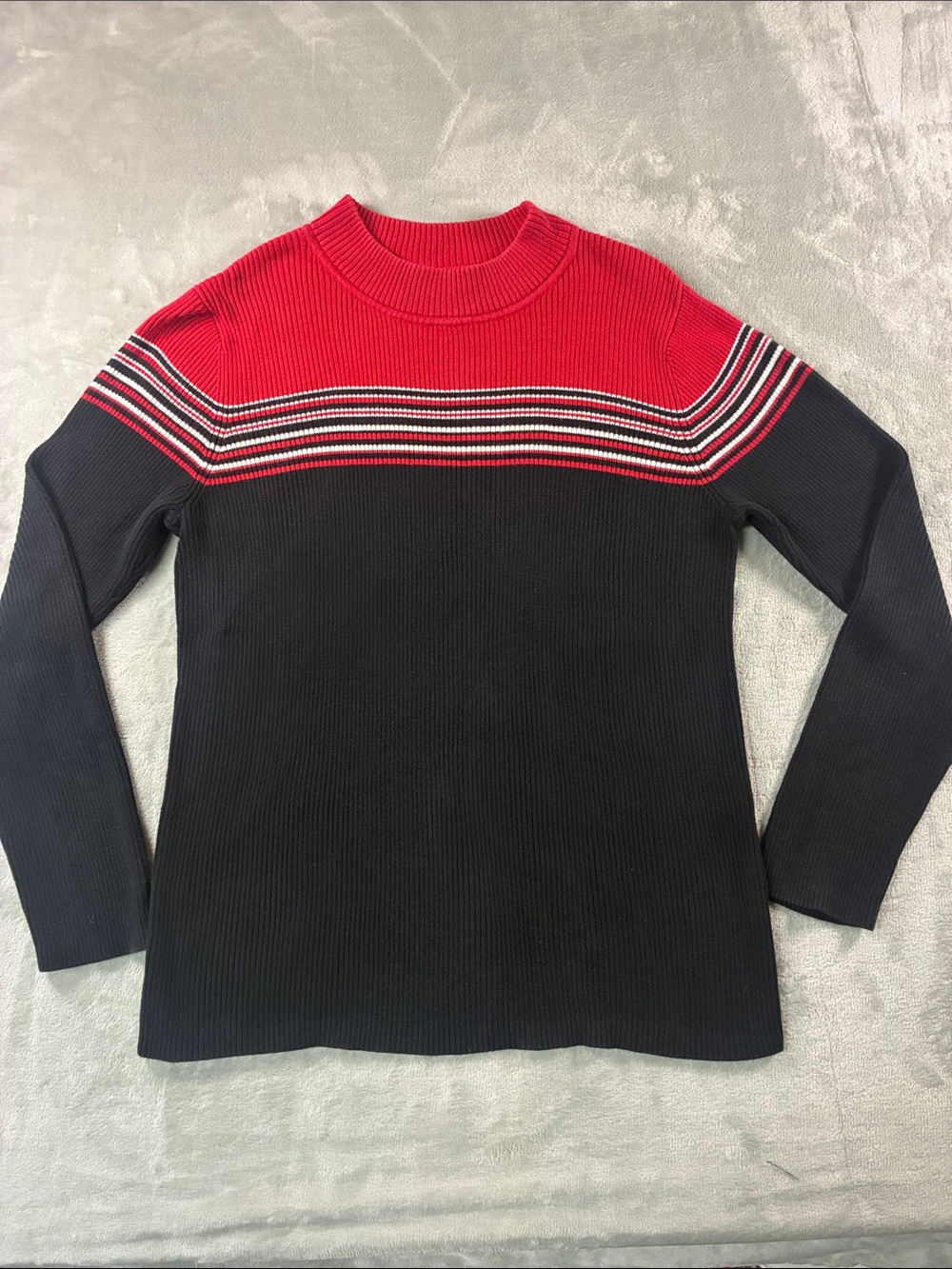 Appleseed's Red and Black Striped Crewneck Sweater